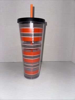 Starbucks Orange and Black Striped Double-Wall Tumbler with Straw